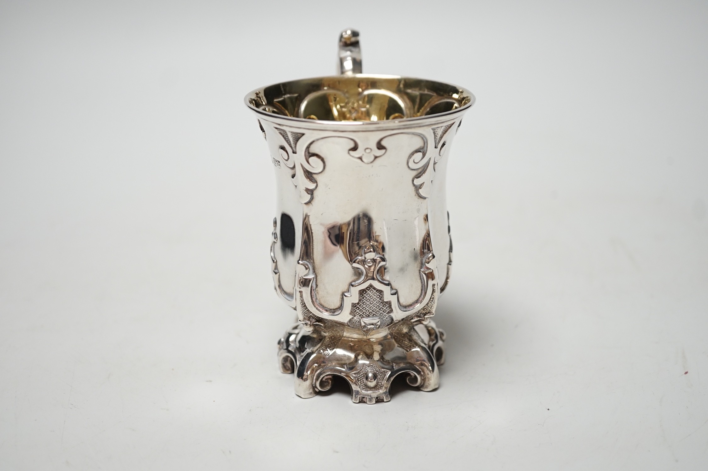 A Victorian silver gothic style christening mug, Henry Wilkinson & Co, Sheffield, 1847, height, 11.3cm, 4.3 oz.